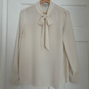 LOFT Cream Ribbed Blouse with Tie Front